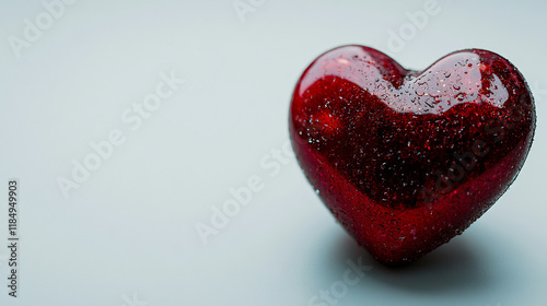 Red glitter heart shaped decoration with droplets on a white background