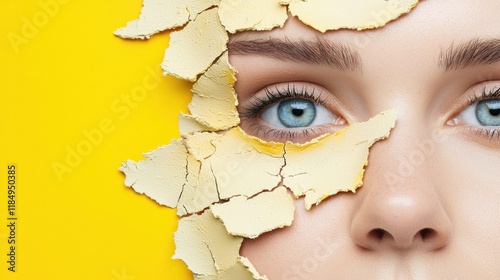  A woman's face peeling off of a yellow wall photo