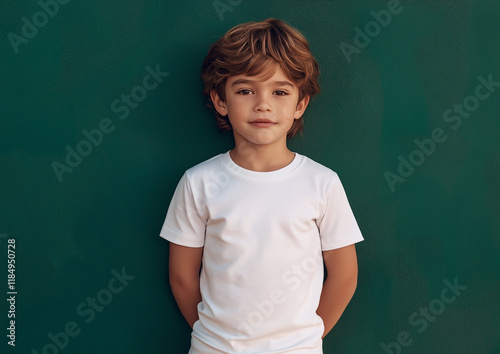 Portrait of a young brown-haired boy in white t-shirt on dark background. Can be used as a t-shirt mockup for your design, print or lettering