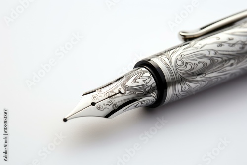 Close up of a silver fountain pen nib showcasing detailed engravings, highlighting craftsmanship and luxury writing photo