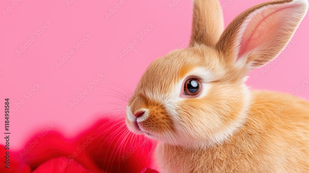 Obraz premium A small brown rabbit sitting next to a red flower