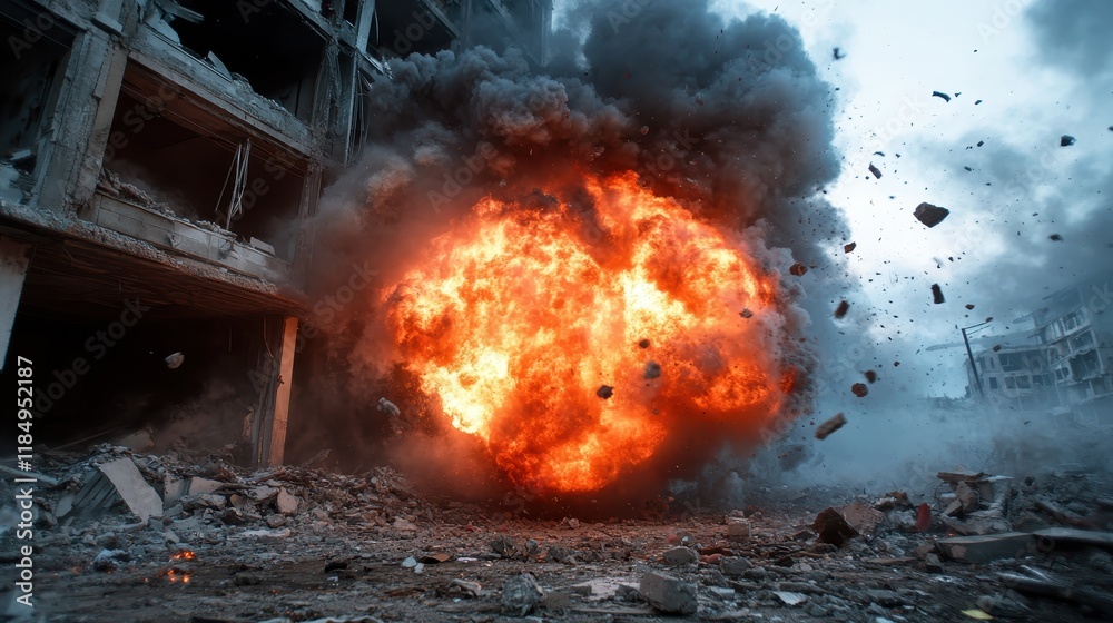This striking image captures the moment of a massive explosion in a derelict urban area, highlighting the chaos and destruction caused by conflict and devastation. This striking image captures the moment of a massive explosion in a derelict urban area, highlighting the chaos and destruction caused by conflict and devastation.