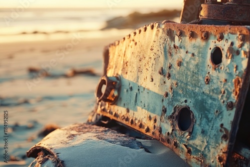 Rusty shipwreck remnant on a sandy beach at sunset, showing signs of age and corrosion.