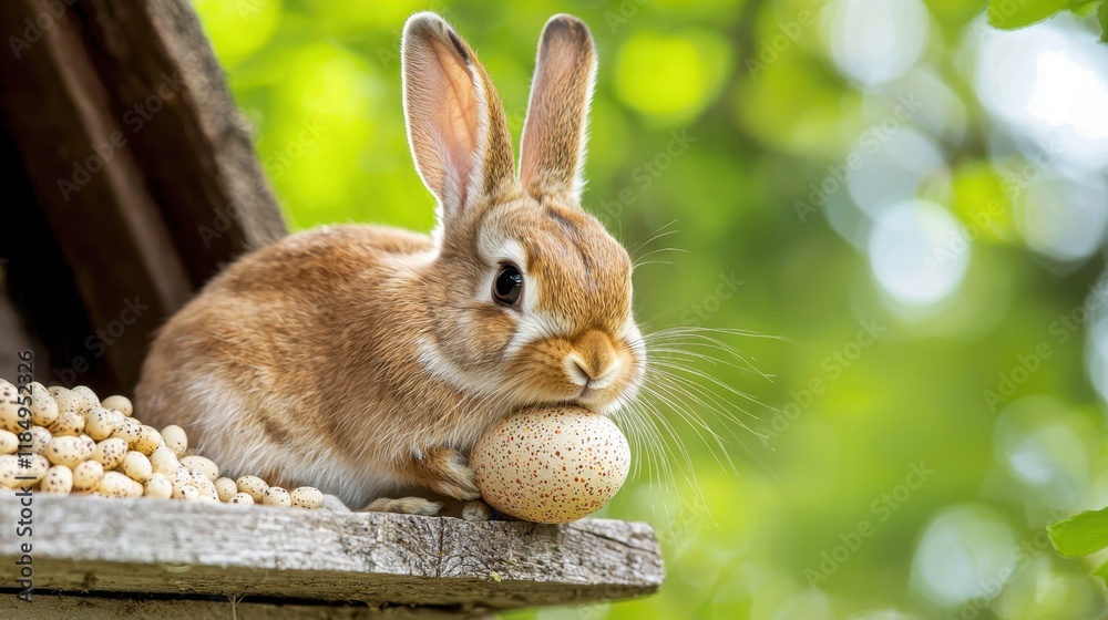 Obraz premium A rabbit eating an egg on a wooden table