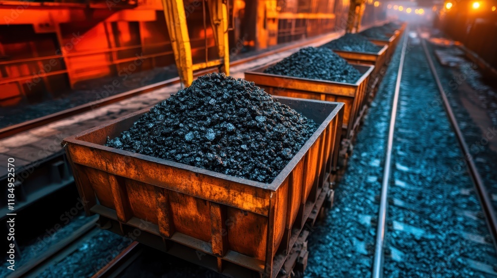 Dump cars filled with coal sit in an industrial setting, emphasizing the significant role of coal in energy production and its transportation within mining operations. Dump cars filled with coal sit in an industrial setting, emphasizing the significant role of coal in energy production and its transportation within mining operations.
