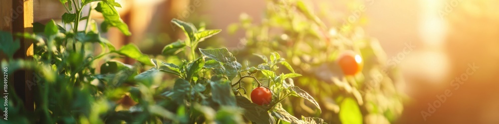 Lush tomato garden bathed in warm sunlight during early morning Lush tomato garden bathed in warm sunlight during early morning