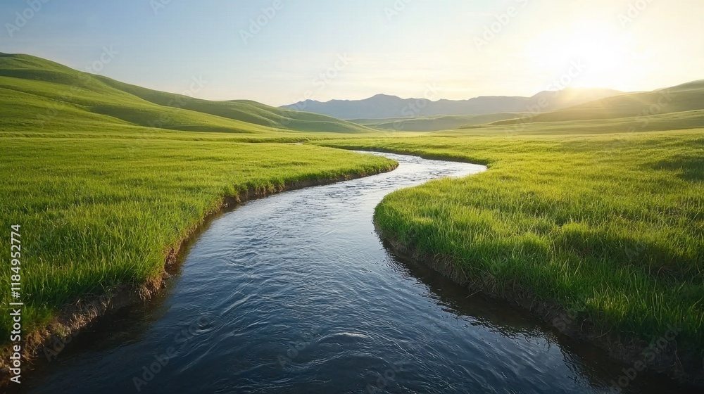 A stream running through a lush green field A stream running through a lush green field