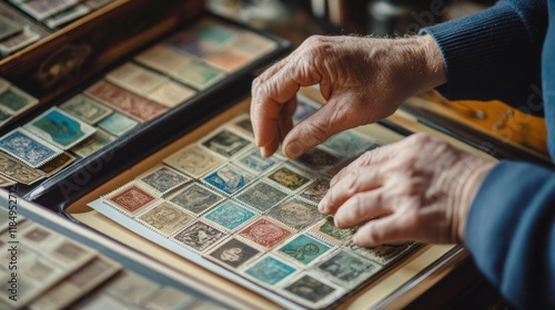 Elderly hands carefully sorting a collection of vintage postage stamps.