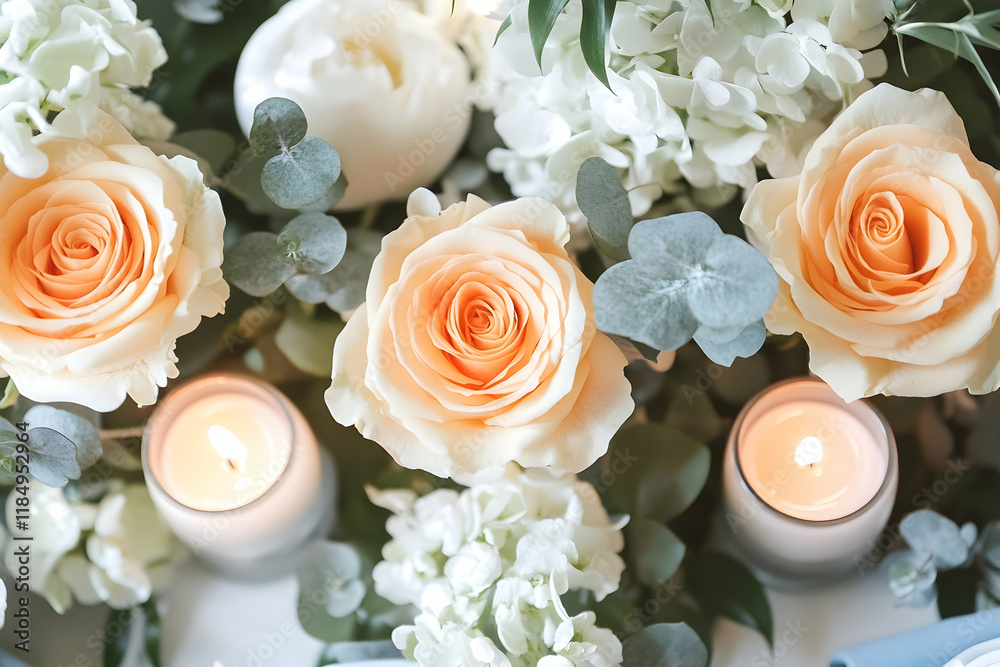 An elegant wedding centerpiece with peach roses, white flowers, candles, and blue napkins adds a touch of romance An elegant wedding centerpiece with peach roses, white flowers, candles, and blue napkins adds a touch of romance