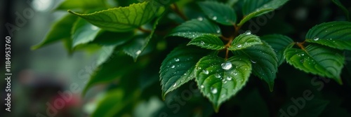 Lush green leaves glistening with raindrops in soft morning light, showcasing vibrant textures and intricate details, evoking a sense of freshness and renewal photo