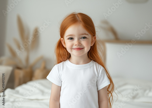 Portrait of a little ginger girl in white t-shirt. Can be used as a t-shirt mockup for your design, print or lettering photo