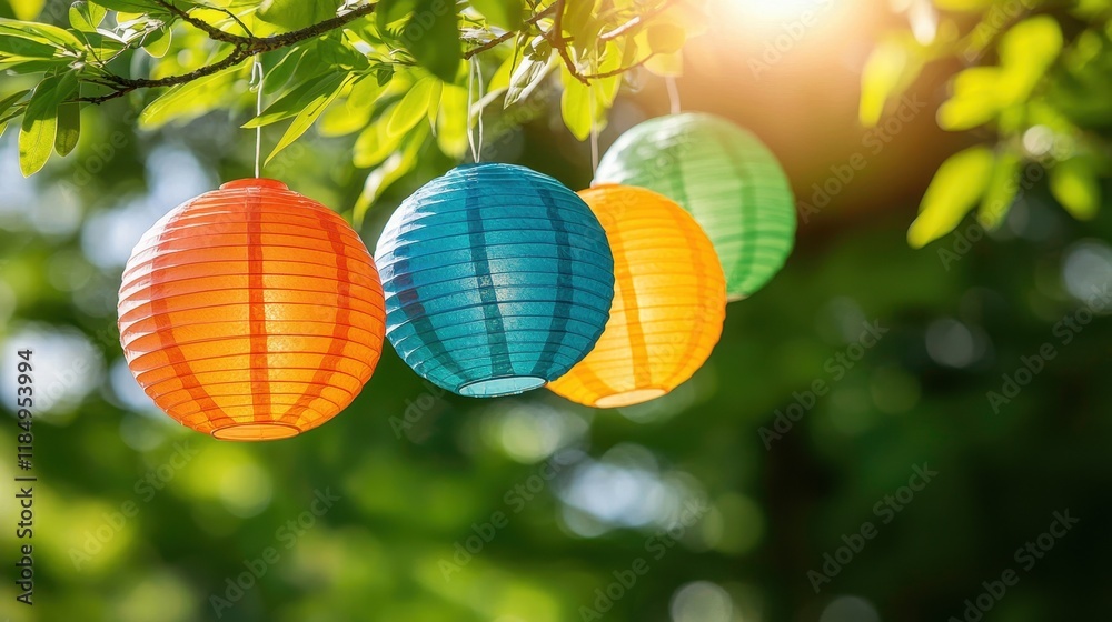Fototapeta premium A group of colorful paper lanterns hanging from a tree branch
