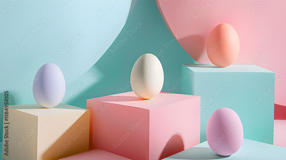 A minimal composition featuring pastel-painted Easter eggs arranged on geometric cubist platforms, surrounded by soft pastel backgrounds with ample copy space, creating a modern and artistic aesthetic A minimal composition featuring pastel-painted Easter eggs arranged on geometric cubist platforms, surrounded by soft pastel backgrounds with ample copy space, creating a modern and artistic aesthetic