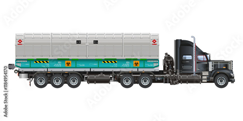 Semi Trailer Truck containers box filled with toxic waste, radioactive biological hazard 3D vector illustration