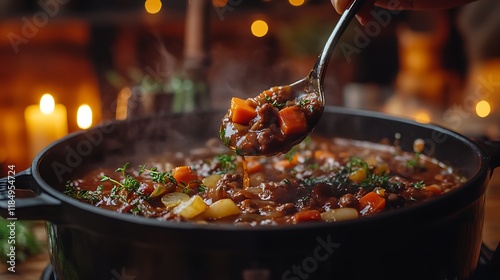 Ladle dipping into a bubbling pot of savory stew with a cozy dining room backdrop