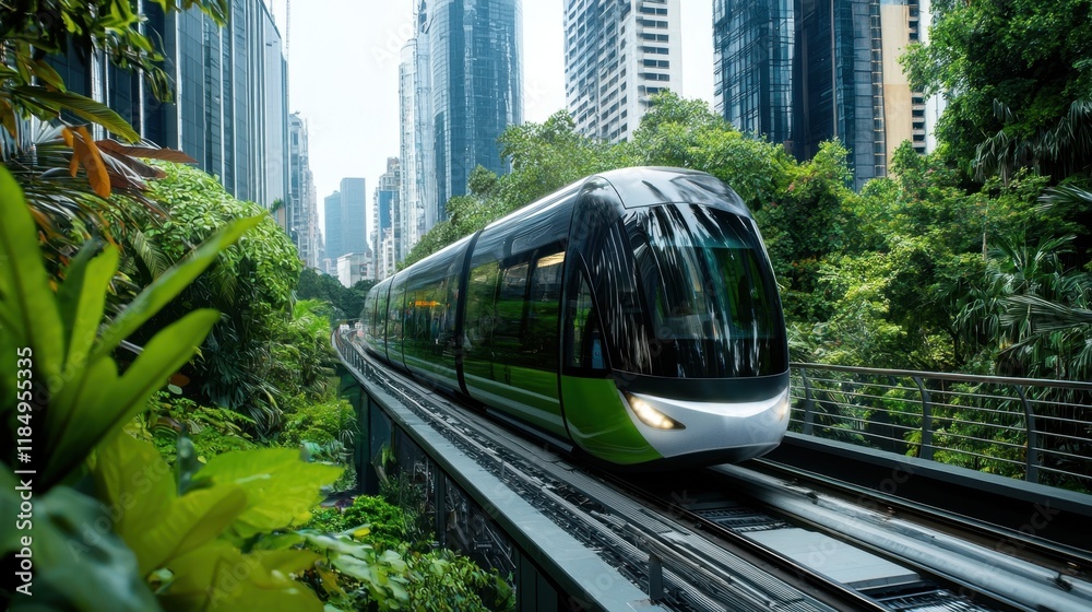 Naklejka premium A train is traveling through a forest with tall buildings in the background