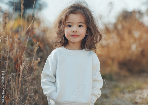 Portrait of a little asian girl in white sweatshirt. Can be used as a sweatshirt mockup for your design, print or lettering	
 photo