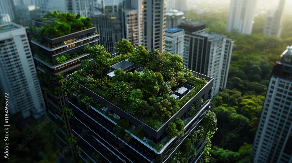 Obraz premium A cityscape with a green roof on top of a building