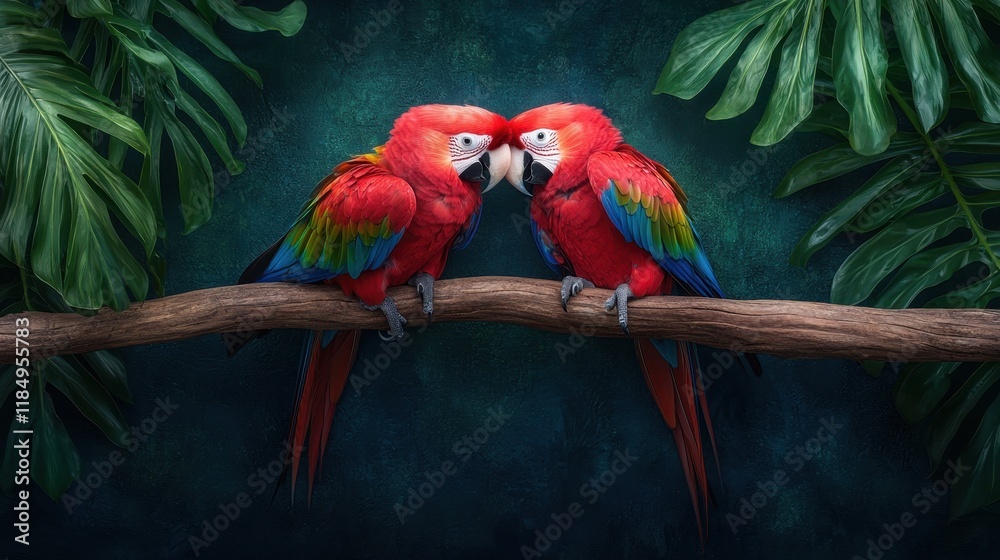 Fototapeta premium Two colorful parrots sitting on a branch in front of a dark blue background