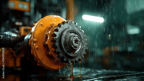 A wet industrial gear glistens under focused lighting, showcasing intricate details in a factory with blurred machinery, hinting at ongoing production and innovation. photo