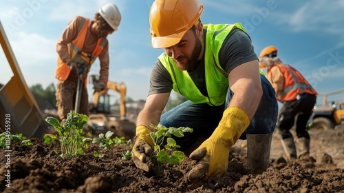 Workers planting vegetation as part of a reclamation project at a former mining site