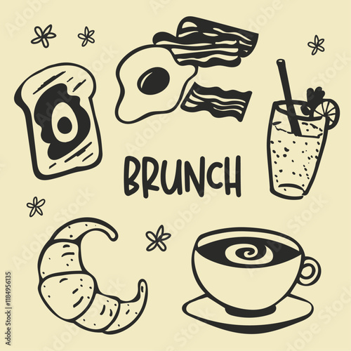 Set de iconos brunch, café, media luna, avocato toast, croissant, bacon, huevos, limonada, doodle, vectorial editable