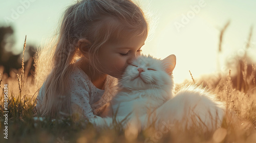 Little toddler girl kissing the white cat, sitting together in the grass outdoors on a sunny summer or spring day. pet and female kid or child love and care,domestic kitten animal owner,adorable kitty photo