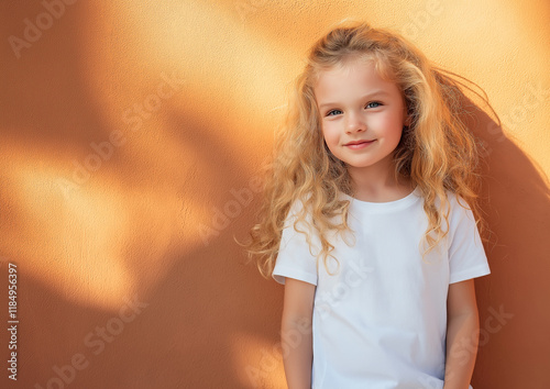 Portrait of a young blonde curly girl in white t-shirt. Can be used as a t-shirt mockup for your design, print or lettering