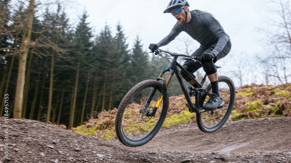 Mountain biker performing a jump on a forest trail Mountain biker performing a jump on a forest trail