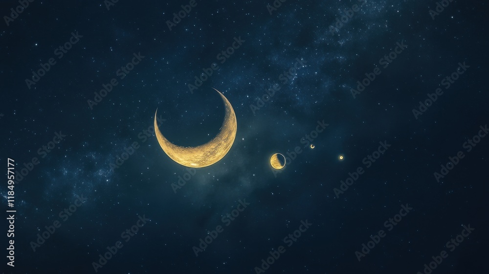 Fototapeta premium A stunning cosmic scene featuring a large crescent moon and several smaller celestial bodies against a starry night sky.