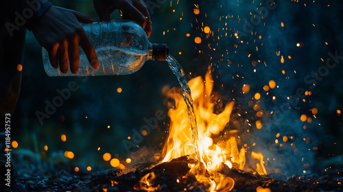 Close-up of campfire being extinguished with water in forest photo