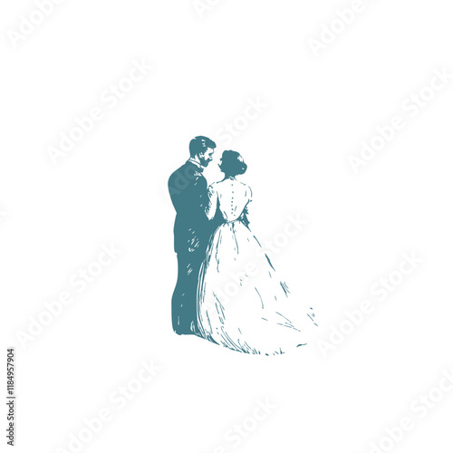 Hand drawn vintage wedding couple dress style 