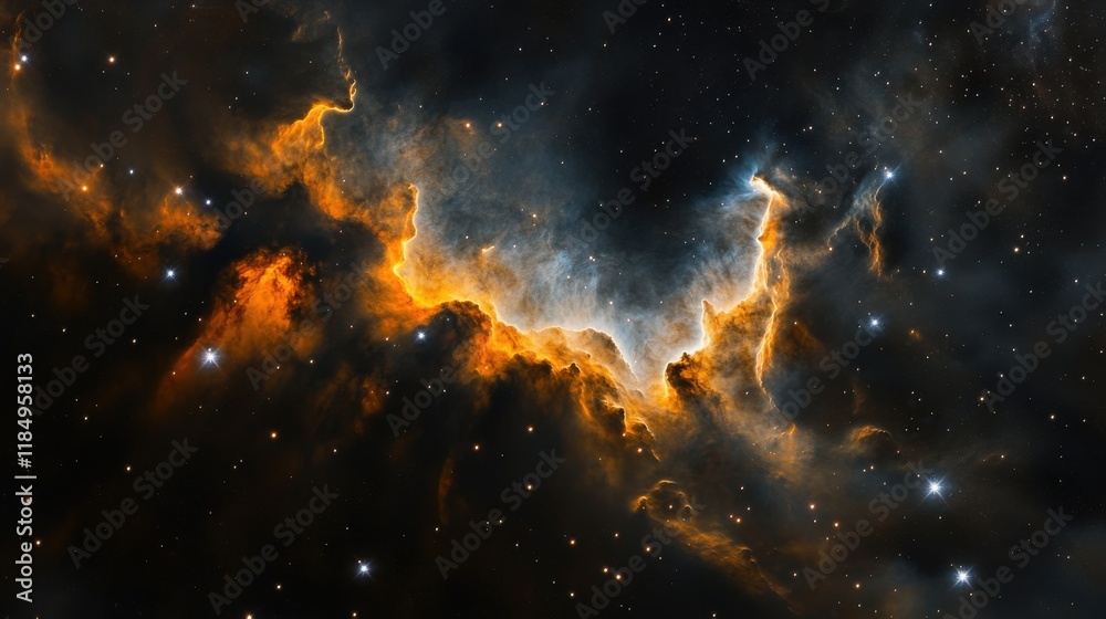 A stunning nebula with vibrant orange and blue hues illuminated against a backdrop of sparkling stars. A stunning nebula with vibrant orange and blue hues illuminated against a backdrop of sparkling stars.