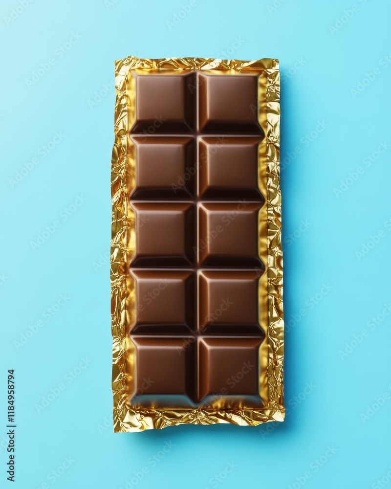 Obraz premium A delicious dark chocolate bar with a shiny gold wrapper on a vibrant blue background.