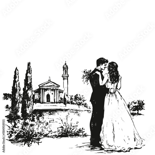 Hand drawn Italian style vintage wedding couple