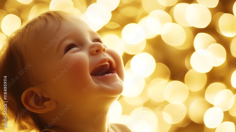 Fototapeta premium Joyful baby boy with light brown hair laughing against a warm bokeh backdrop.