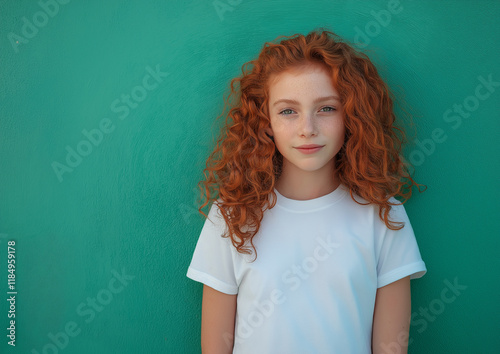 Portrait of a young ginger girl in white t-shirt. Can be used as a t-shirt mockup for your design, print or lettering	
 photo