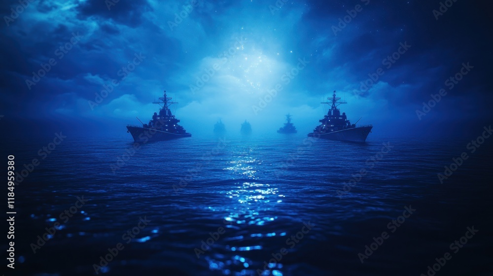 Fototapeta premium Nighttime Naval Fleet: Majestic Destroyers Under a Starlit Sky