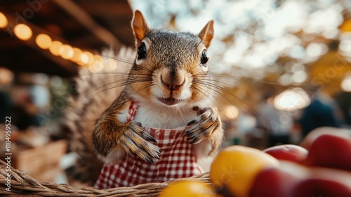 An adorable squirrel dressed in a checkered apron curiously holds fresh produce, showcasing a whimsical scene filled with charm, innocence, and fun, bringing joy to viewers. photo