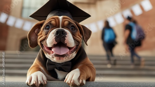 An adorable bulldog dressed in a black graduation cap and bowtie beams happily in a festive atmosphere, capturing the joy and spirit of graduation celebrations. photo