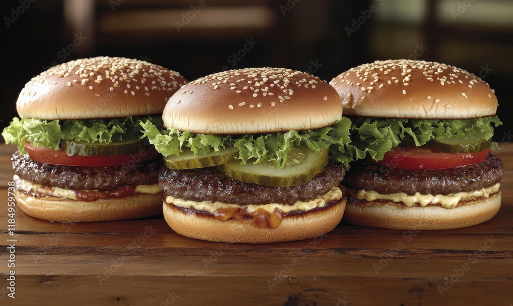Three gourmet hamburgers stacked on a wooden table, each topped with lettuce, tomato, and pickles. Three gourmet hamburgers stacked on a wooden table, each topped with lettuce, tomato, and pickles.