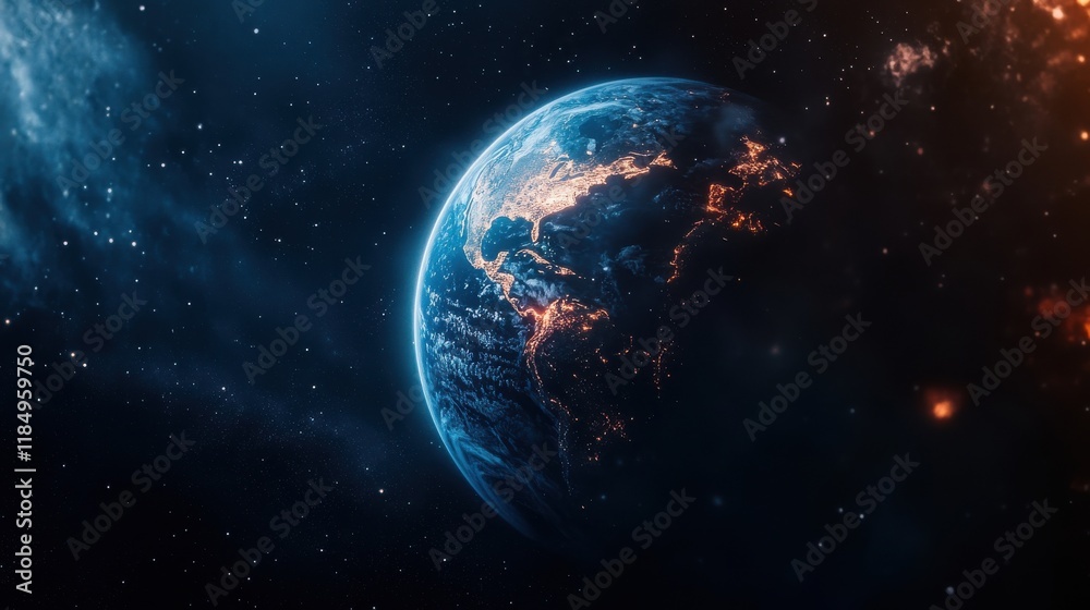 Obraz premium A stunning view of Earth from space, illuminated by city lights against the backdrop of the cosmos.