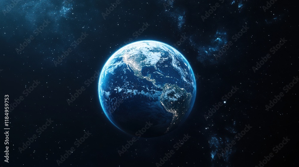 Stunning view of Earth from space, showcasing vibrant oceans and landmasses under a starry background. Stunning view of Earth from space, showcasing vibrant oceans and landmasses under a starry background.