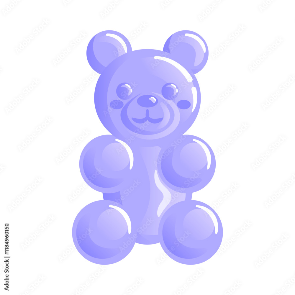 Obraz premium A cute purple gummy bear with a glossy finish, sitting cheerfully, its small eyes sparkling with joy. Its rounded body and floppy arms exude sweetness, making it an adorable treat for all ages.