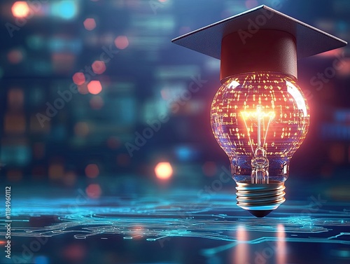 A forward-thinking educational illustration with a graduate cap and a light bulb on a blue background.  image