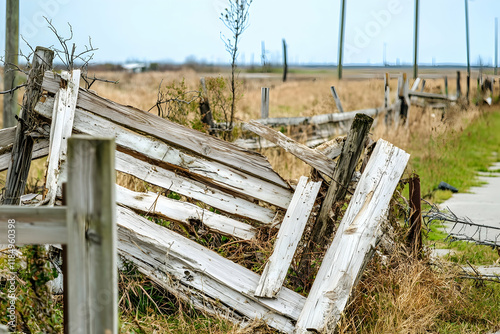 Broken fence with sections damaged by strong winds, showcasing structural destruction and vulnerability