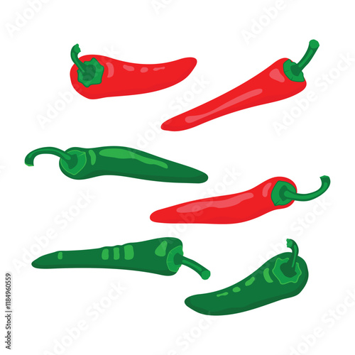 Hot peppers set isolated on white background. Hand drawn vegetables in red and green colors. Vector design for cards, banners, stickers. Food illustration in flat color style.