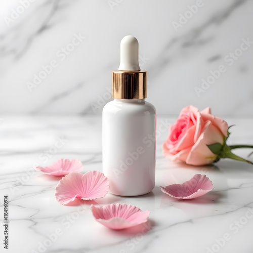 Elegant Serum Dropper Bottle with Rose Petals on Marble Surface