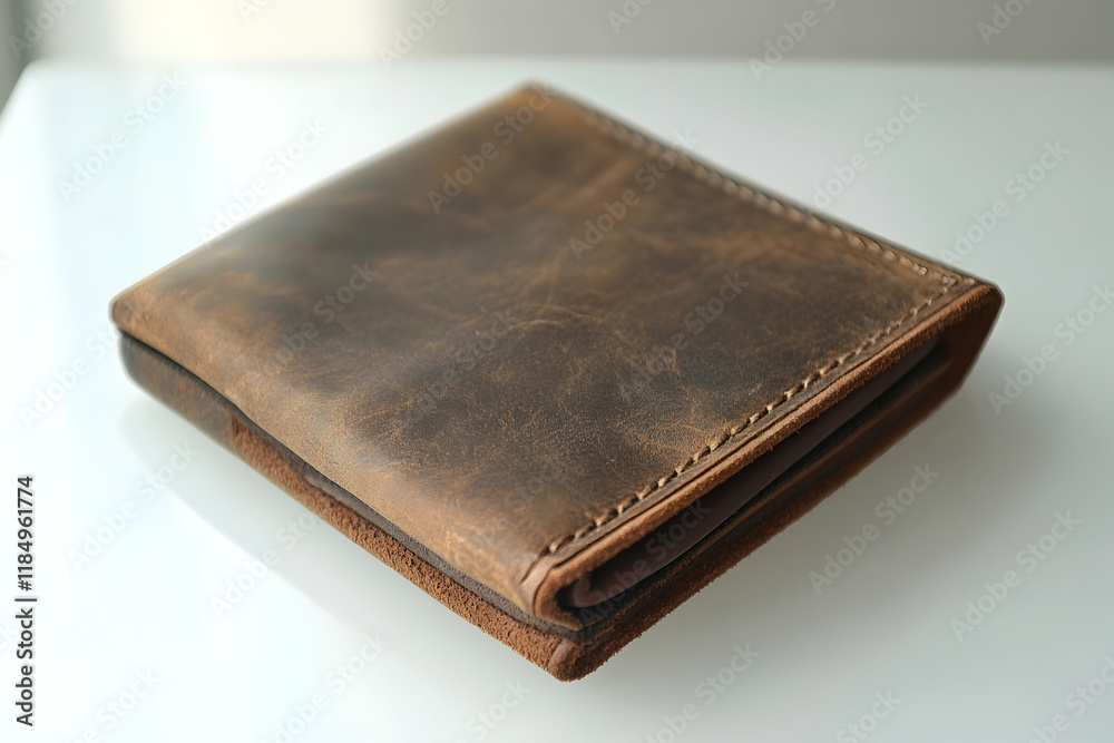 Classic brown leather wallet on a white surface, highlighting rich textures and timeless appeal Classic brown leather wallet on a white surface, highlighting rich textures and timeless appeal