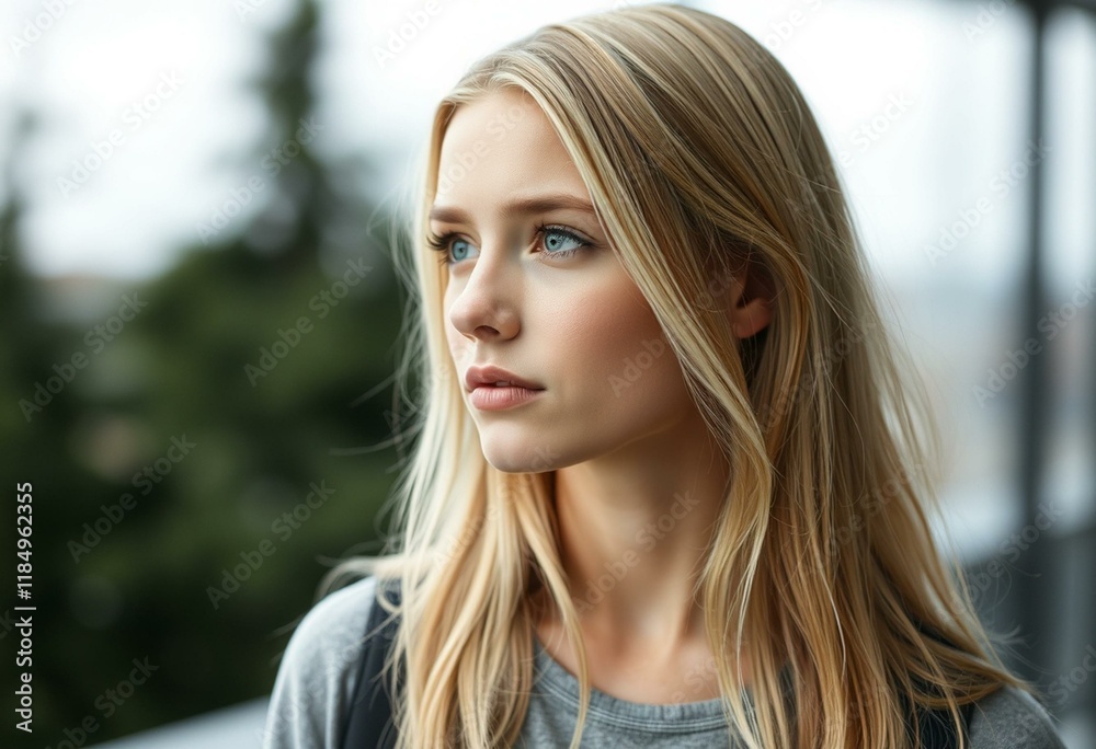 Obraz premium Female portrait with melancholic expression and blurred background